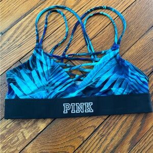 PINK Victoria's Secret Blue Palm Leaf Patterned Strappy Sports Bra - S
